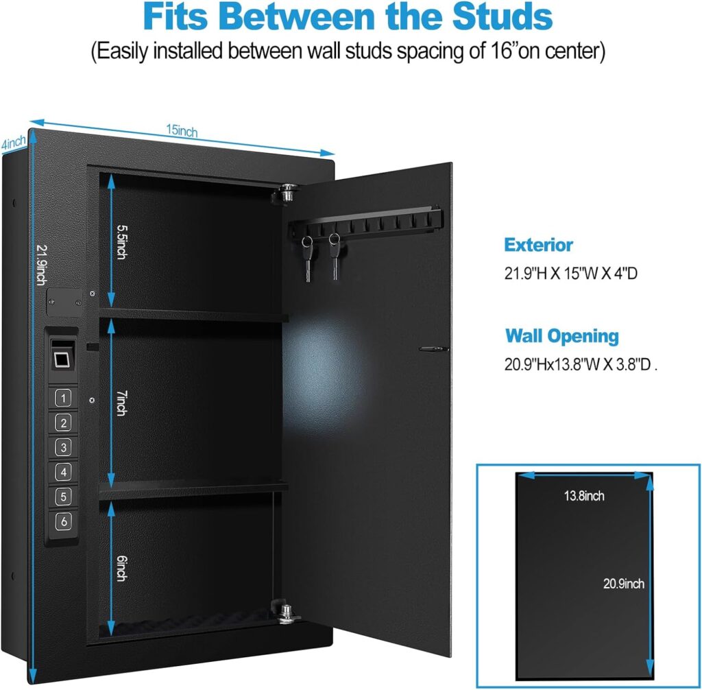 Biometric Wall Safe, Hidden Fingerprint Security Wall Safe, In Wall Safe Between Studs, Upgraded Biometric/Keypad/Key Access, Secure Handgun, Documents, Jewelry, Valuables