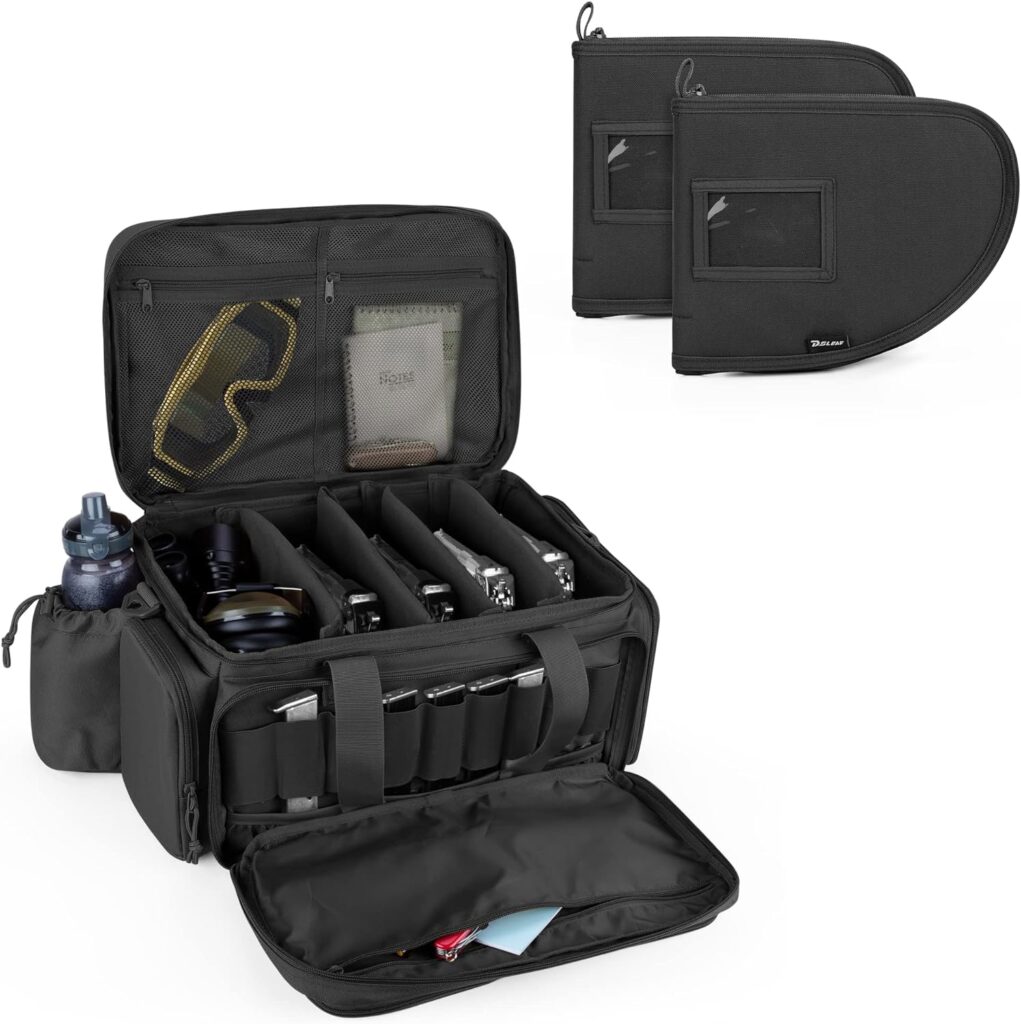 DSLEAF Tactical Pistol Range Bag and 2-Pack Pistol Case for 7 Handguns, Shooting Gun Range Duffle Bag with 9X Magazine Slots for Hunting and Range Outdoor Activities
