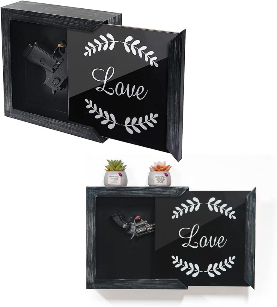 hidden gun shelf，concealment shelf， Concealment Shelf for Pistols Wall Safe, Secret Decor Wooden Handgun Box for Home, Dorm Indoor Picture Frame (Vintage Black mixed Silver-A)