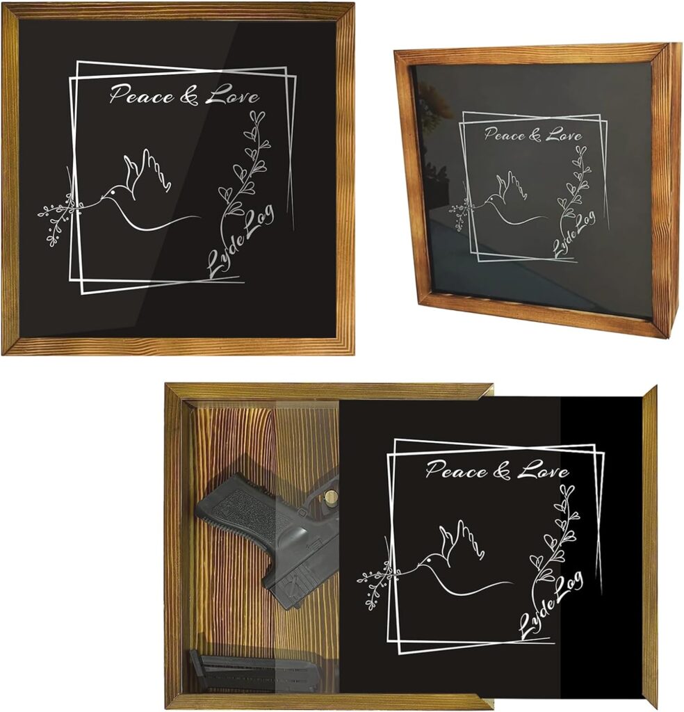 hidden gun shelf，concealment shelf， Concealment Shelf for Pistols Wall Safe, Secret Decor Wooden Handgun Box for Home, Dorm Indoor Picture Frame (Vintage Black mixed Silver-A)