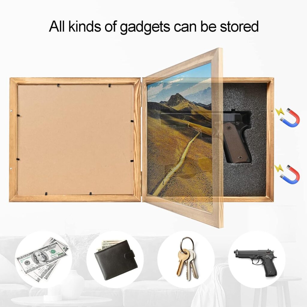 Hidden Gun Storage Picture Frame Compartment Furniture, Firearm Concealment Shelf Wall Decor, Wooden Pistol Box for Home