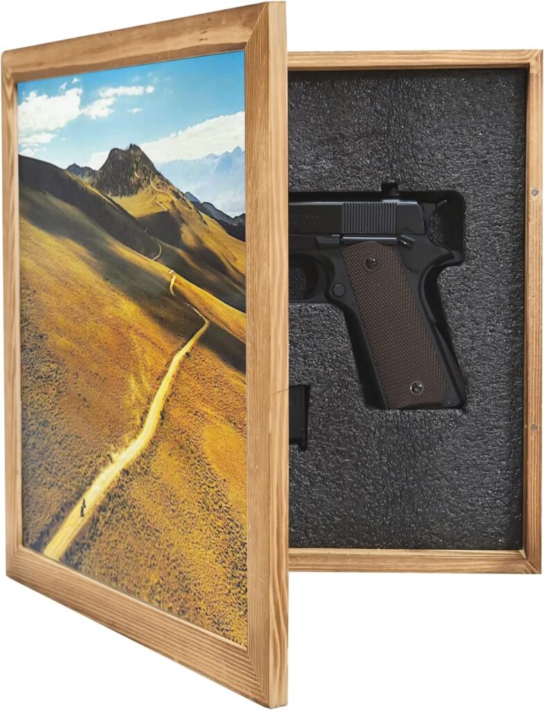 Hidden Gun Storage Picture Frame Compartment Furniture, Firearm Concealment Shelf Wall Decor, Wooden Pistol Box for Home