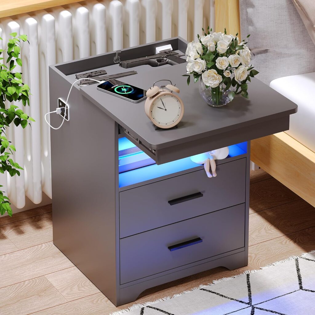 Nightstand with Gun Drawer Charging Bedside Table with USB  Type-C Port LED Night Stand with Human Sensor Design Modern End Table with Drawers for Bedroom Living Room Office, Grey