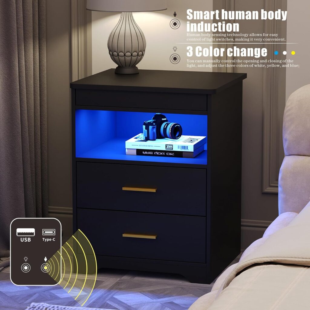 Nightstand with Gun Drawer Charging Bedside Table with USB  Type-C Port LED Night Stand with Human Sensor Design Modern End Table with Drawers for Bedroom Living Room Office, Grey