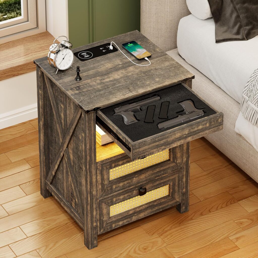 Nightstand with Gun Drawer Charging Bedside Table with USB  Type-C Port LED Night Stand with Human Sensor Design Modern End Table with Drawers for Bedroom Living Room Office, Grey
