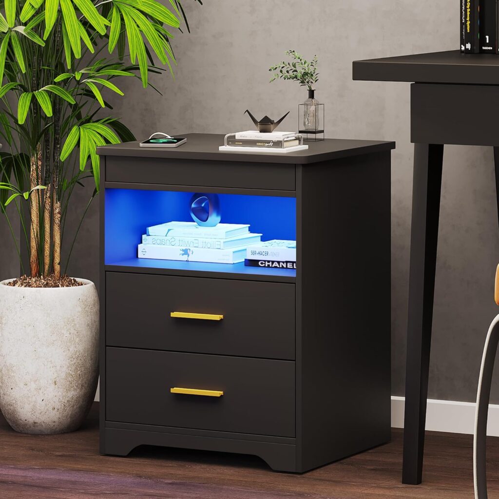 Nightstand with Gun Drawer Charging Bedside Table with USB  Type-C Port LED Night Stand with Human Sensor Design Modern End Table with Drawers for Bedroom Living Room Office, Grey