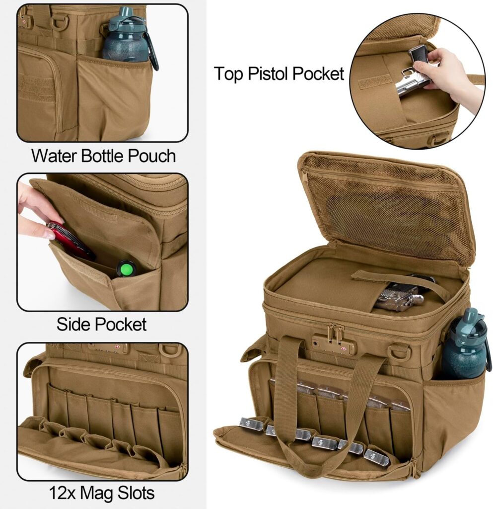 Tactical Gun Range Bag with 3 Pistols Capacity and TSA Lock, Gun Duffle Bag with 2 Small Pistol Cases and 12x Magazine Slots, Multi-Pockets for Hunting and Shooting Range Gear