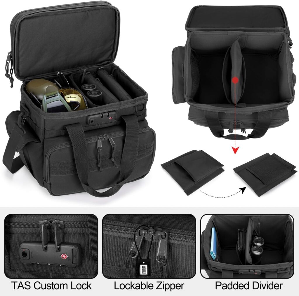 Tactical Gun Range Bag with 3 Pistols Capacity and TSA Lock, Gun Duffle Bag with 2 Small Pistol Cases and 12x Magazine Slots, Multi-Pockets for Hunting and Shooting Range Gear